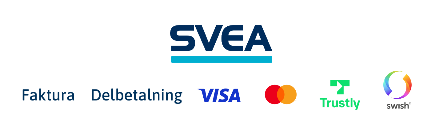 Logotyper för SVEA, Faktura, Delbetalning, VISA, Mastercard, Trustly och Swish visas på rad.